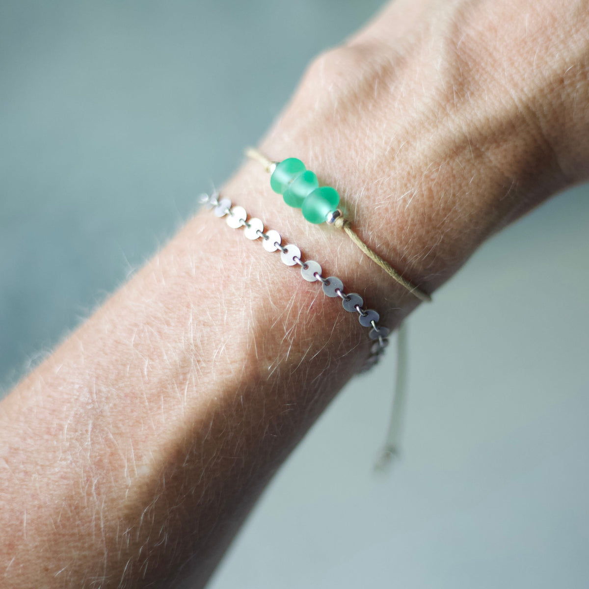 Green Sea Glass Bracelet: Sterling Silver & Cotton Cord, Adjustable - 3 bead