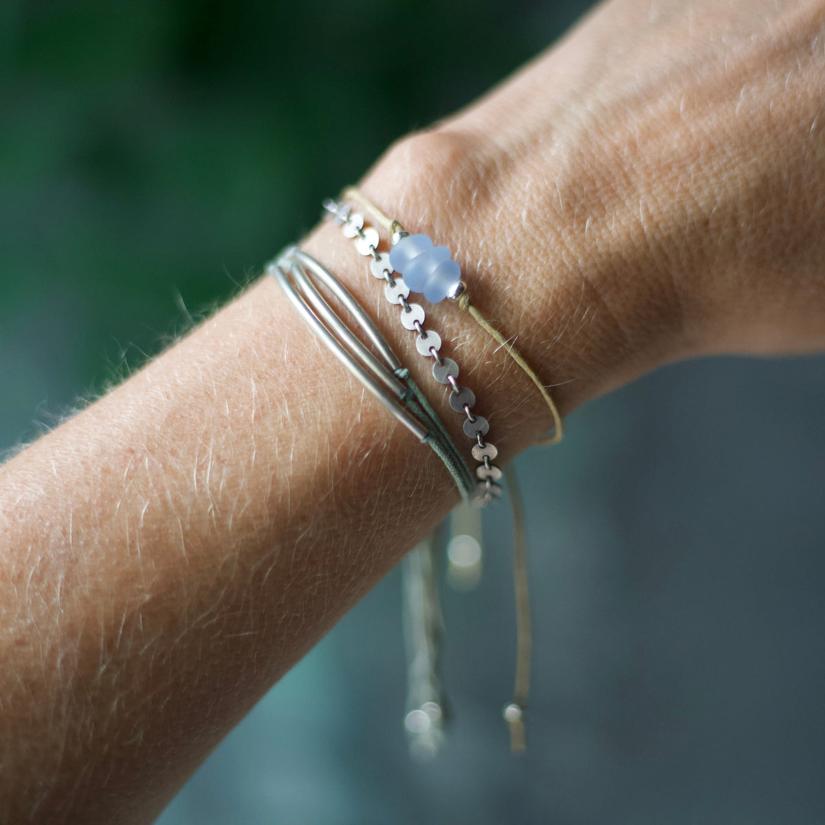 Blue Sea Glass Bracelet: Sterling Silver & Cotton Cord - 3 Seaglass Bead