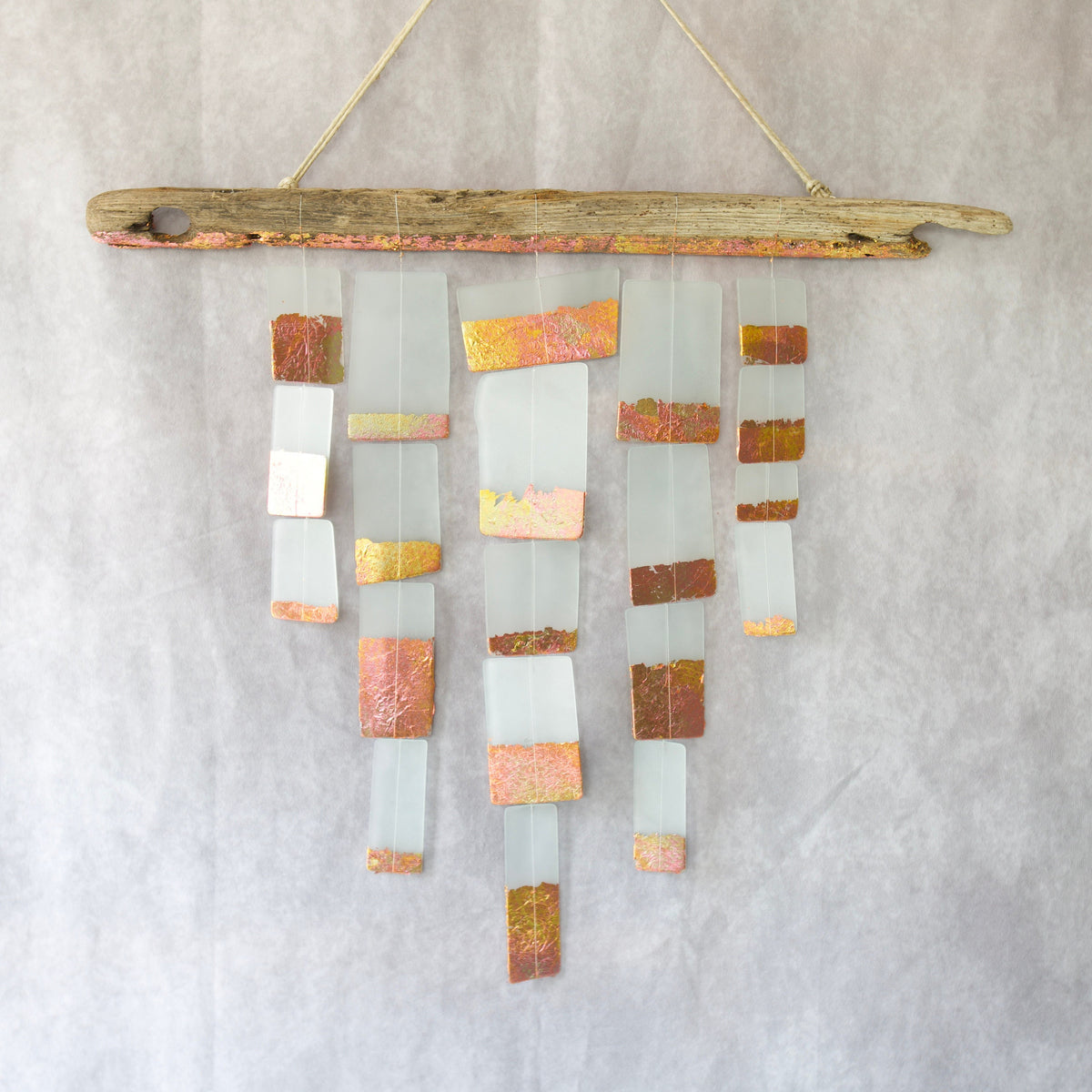 Seaglass Mobile. Chevron glass wall hanging. Made with glass, variegated copper leaf, and driftwood.