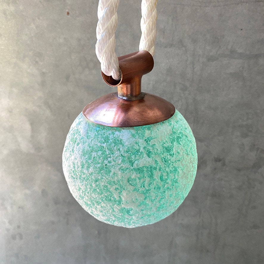 Indoor/Outdoor Nautical Sea Glass Float – Seafoam Orb with Copper & Rope