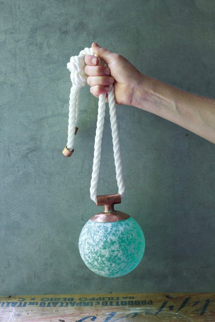 Indoor/Outdoor Nautical Sea Glass Float – Seafoam Orb with Copper & Rope