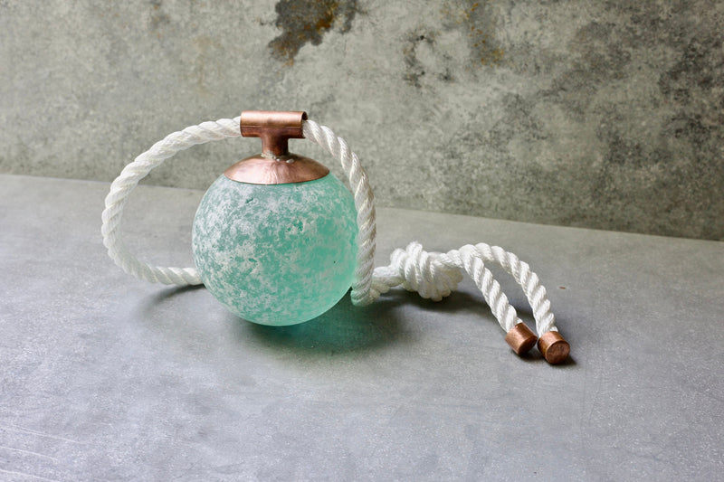 Indoor/Outdoor Nautical Sea Glass Float – Seafoam Orb with Copper & Rope