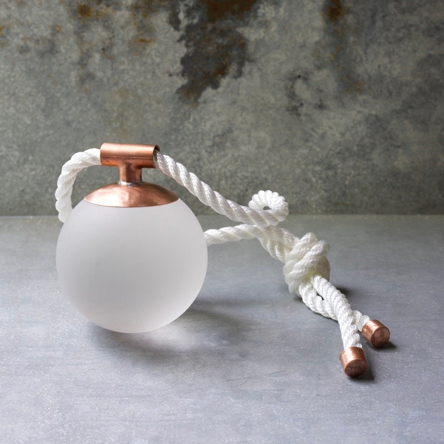 Indoor/Outdoor Nautical Sea Glass Float – White Orb with Copper & Rope