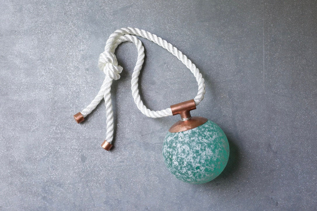 Indoor/Outdoor Nautical Sea Glass Float – Seafoam Orb with Copper & Rope