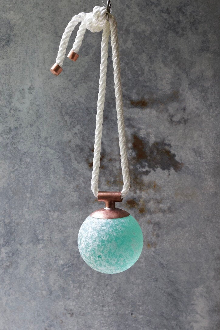 Indoor/Outdoor Nautical Sea Glass Float – Seafoam Orb with Copper & Rope