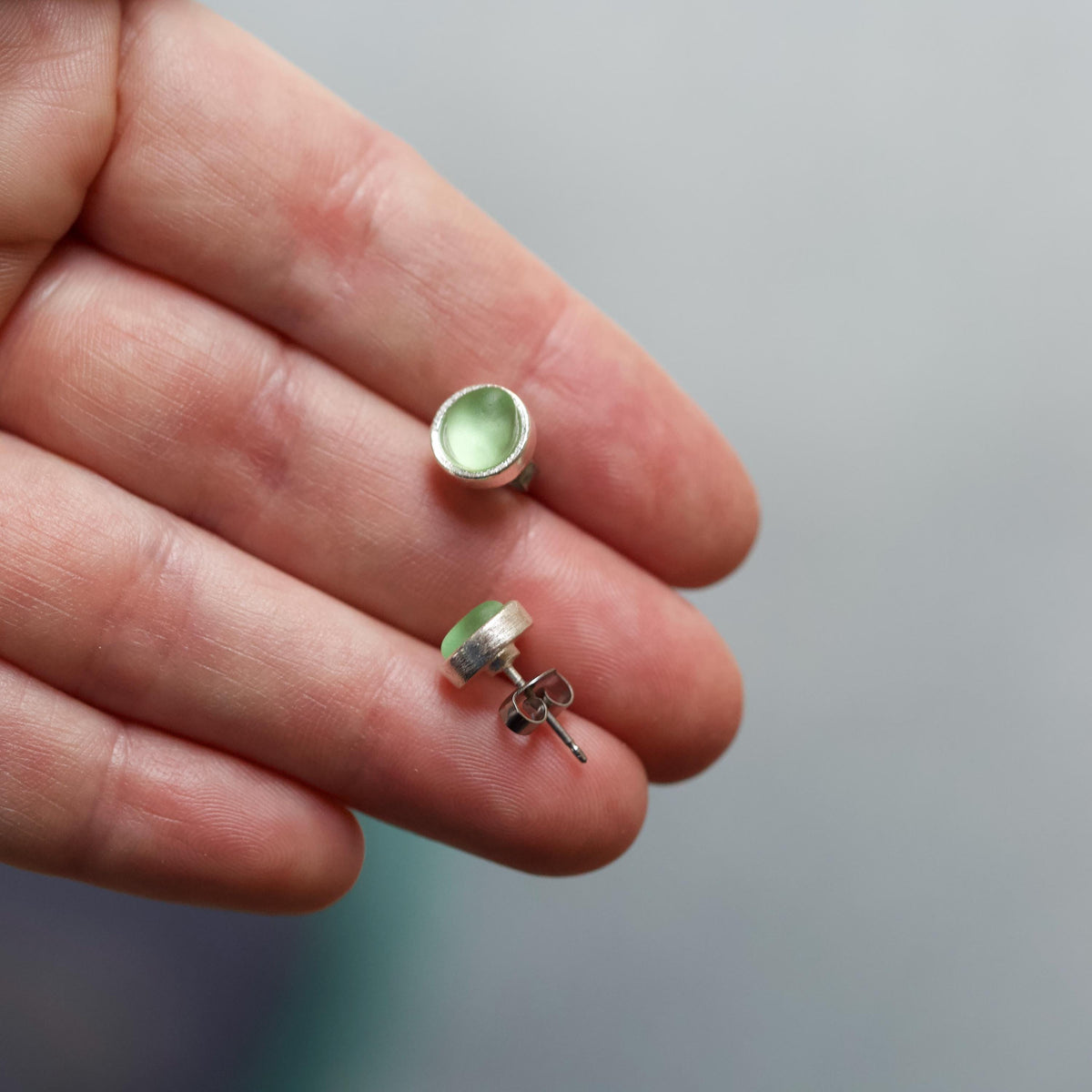 Sea Glass & Silver Petite Stud Earrings - Green