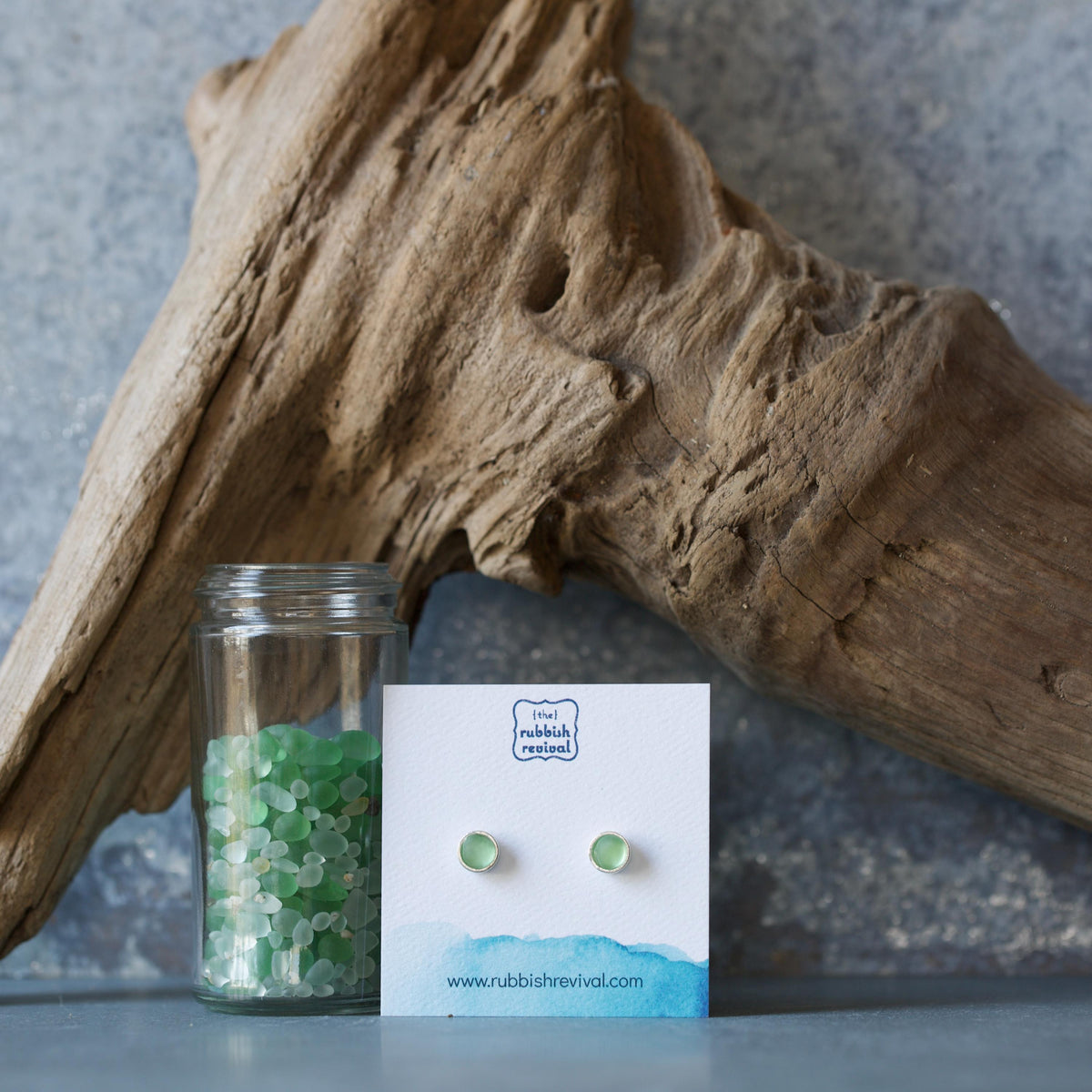 Sea Glass & Silver Petite Stud Earrings - Green