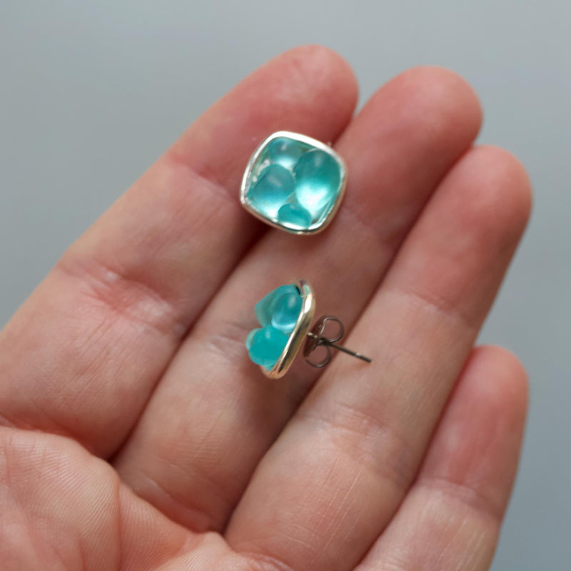 Sea Glass & Silver Mosaic Post Earrings - Aqua