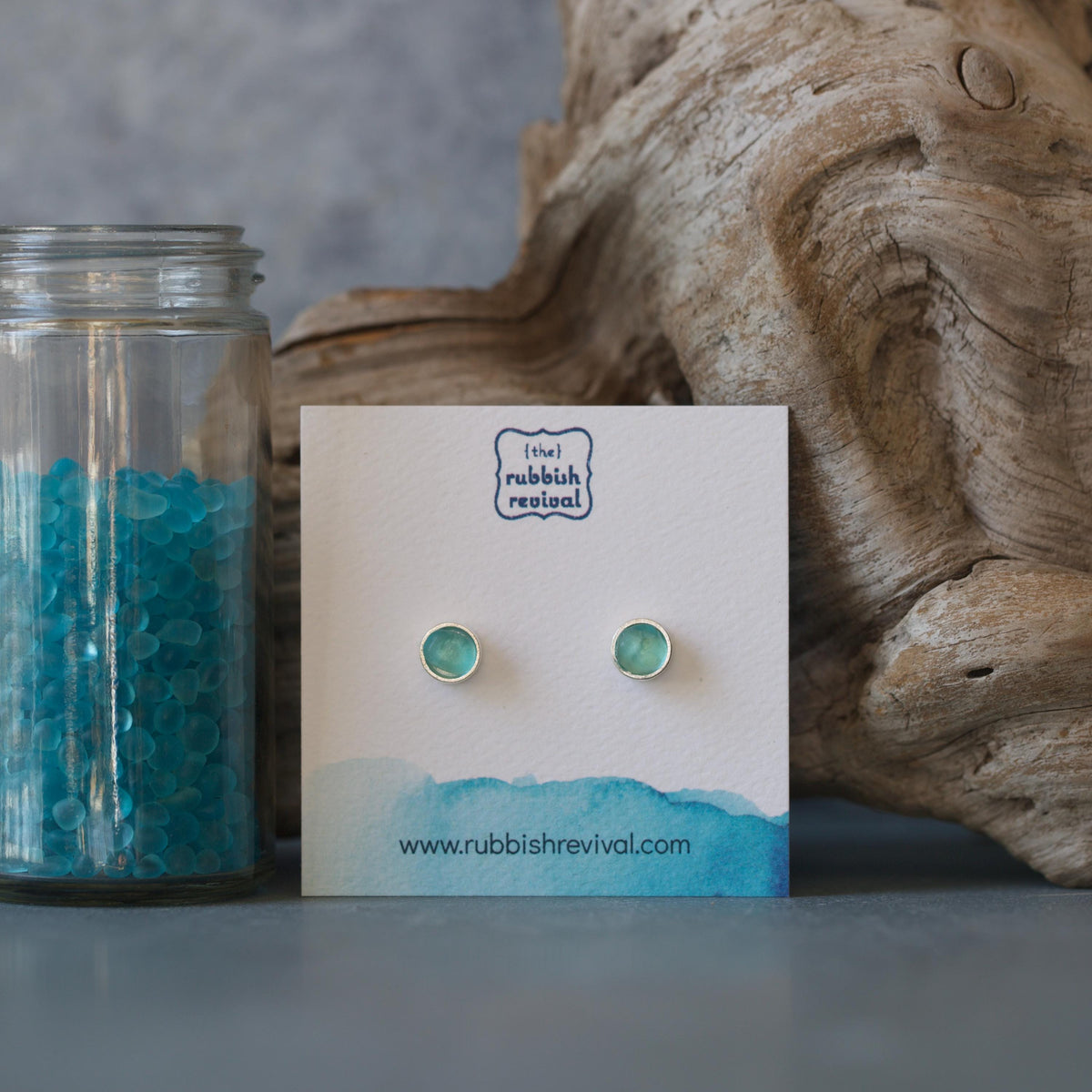 Sea Glass & Silver Petite Stud Earrings - Aqua