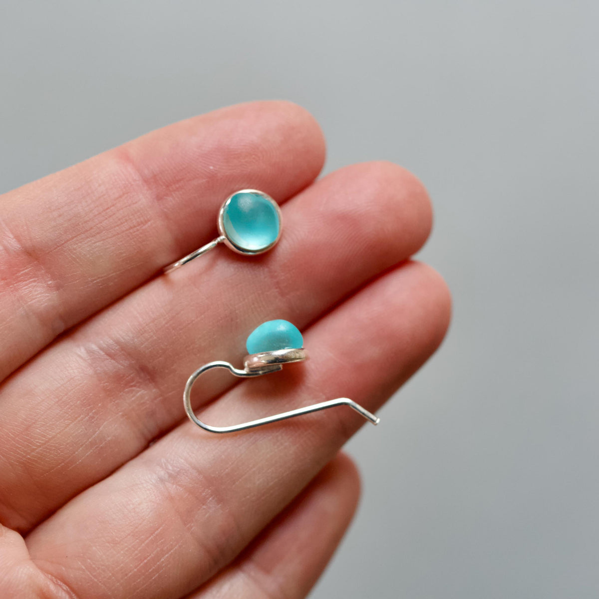 Sea Glass & Silver Petite Drop Earrings - Aqua