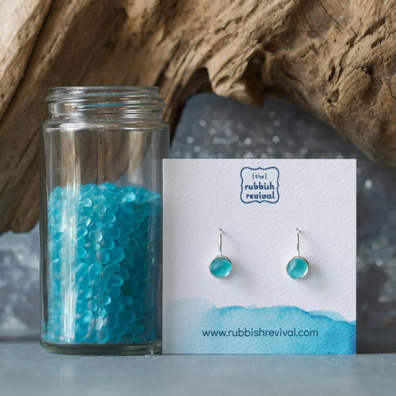 Sea Glass & Silver Petite Drop Earrings - Aqua