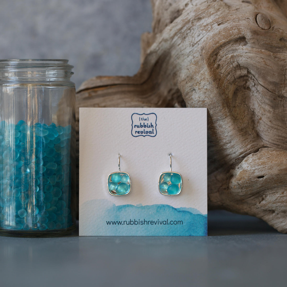 Sea Glass & Silver Mosaic Drop Earrings - Aqua