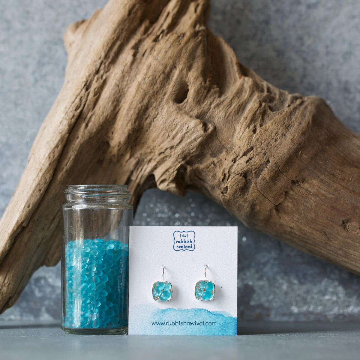 Sea Glass & Silver Mosaic Drop Earrings - Aqua