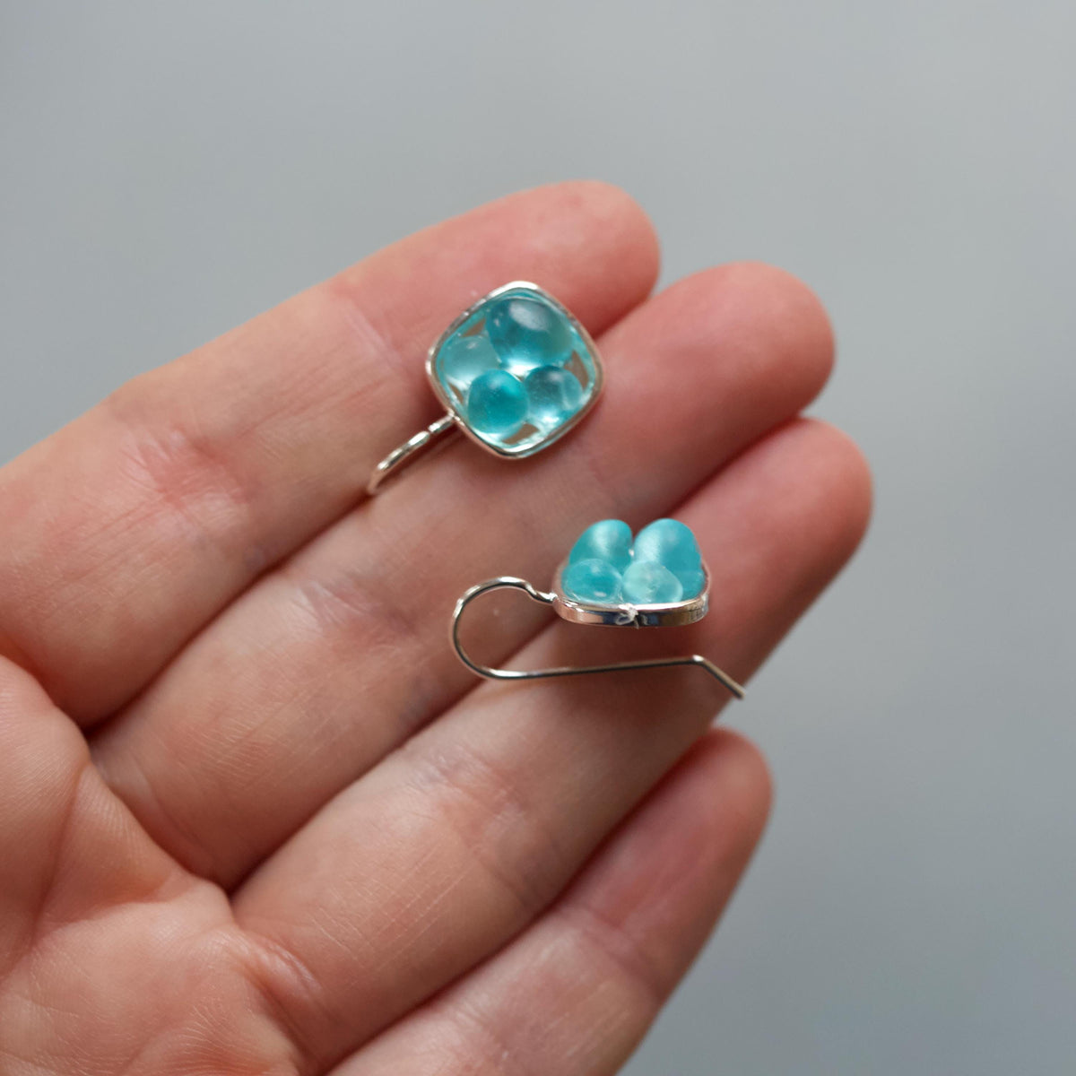 Sea Glass & Silver Mosaic Drop Earrings - Aqua