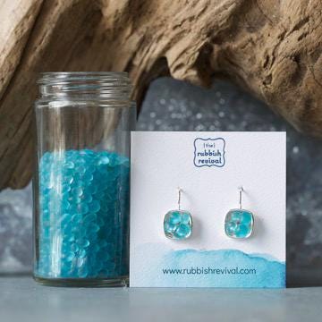 Sea Glass & Silver Mosaic Drop Earrings - Aqua
