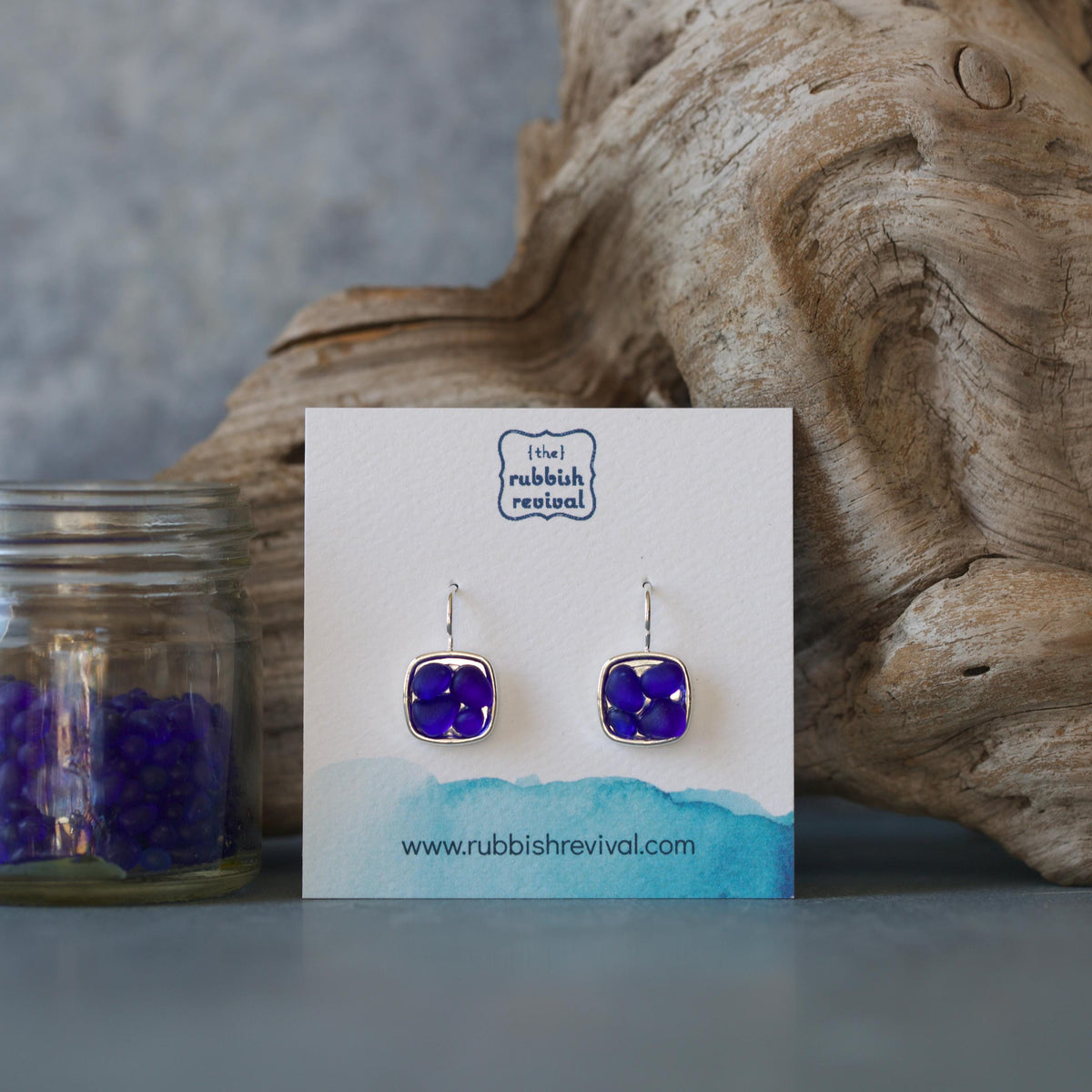 Sea Glass & Silver Mosaic Drop Earrings - Royal Blue