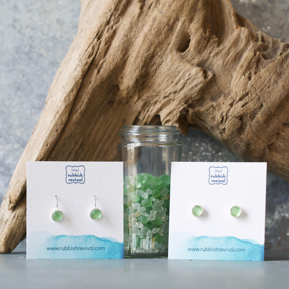 Sea Glass & Silver Petite Drop Earrings - Green