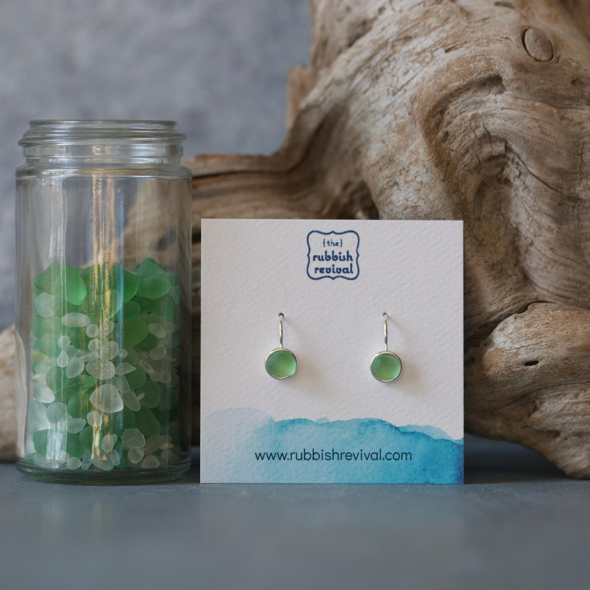 Sea Glass & Silver Petite Drop Earrings - Green
