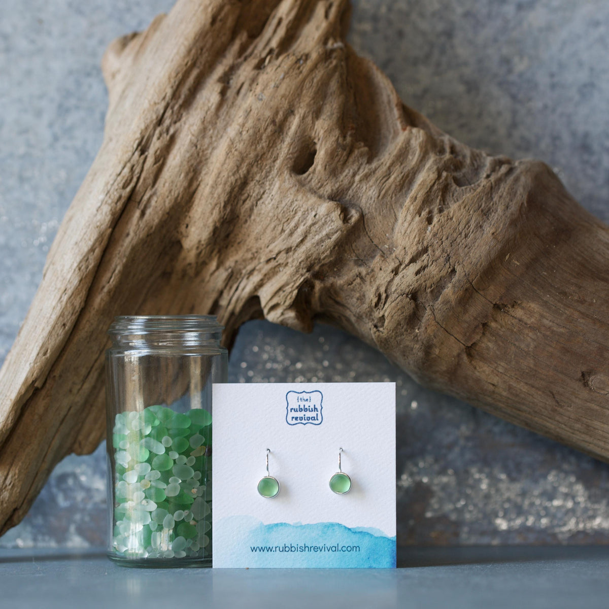 Sea Glass & Silver Petite Drop Earrings - Green