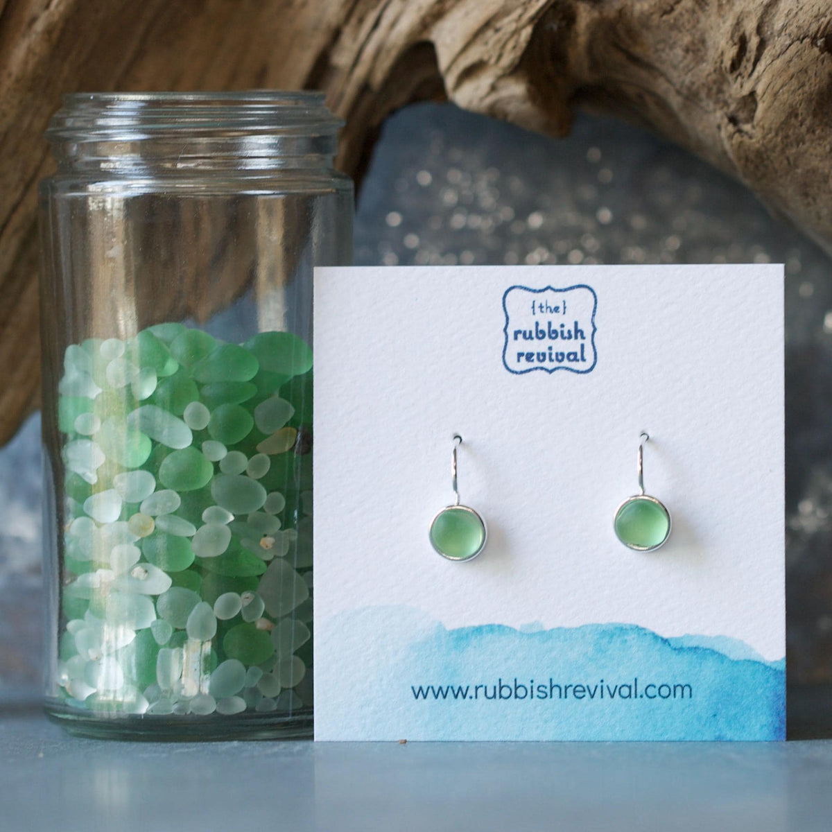 Sea Glass & Silver Petite Drop Earrings - Green