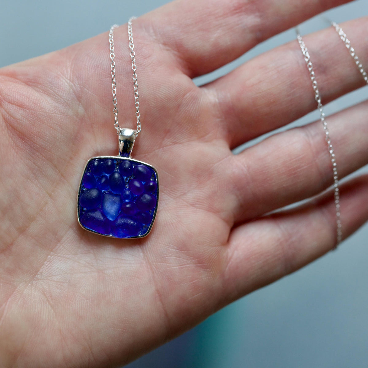 Sea Glass & Silver Mosaic Necklace - Royal Blue