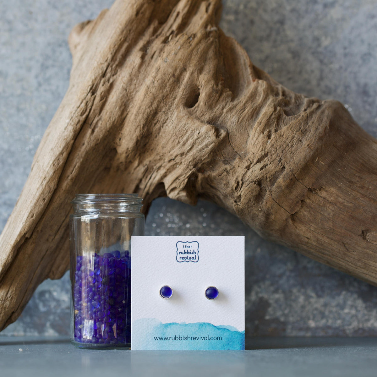 Sea Glass & Silver Petite Stud Earrings - Royal Blue
