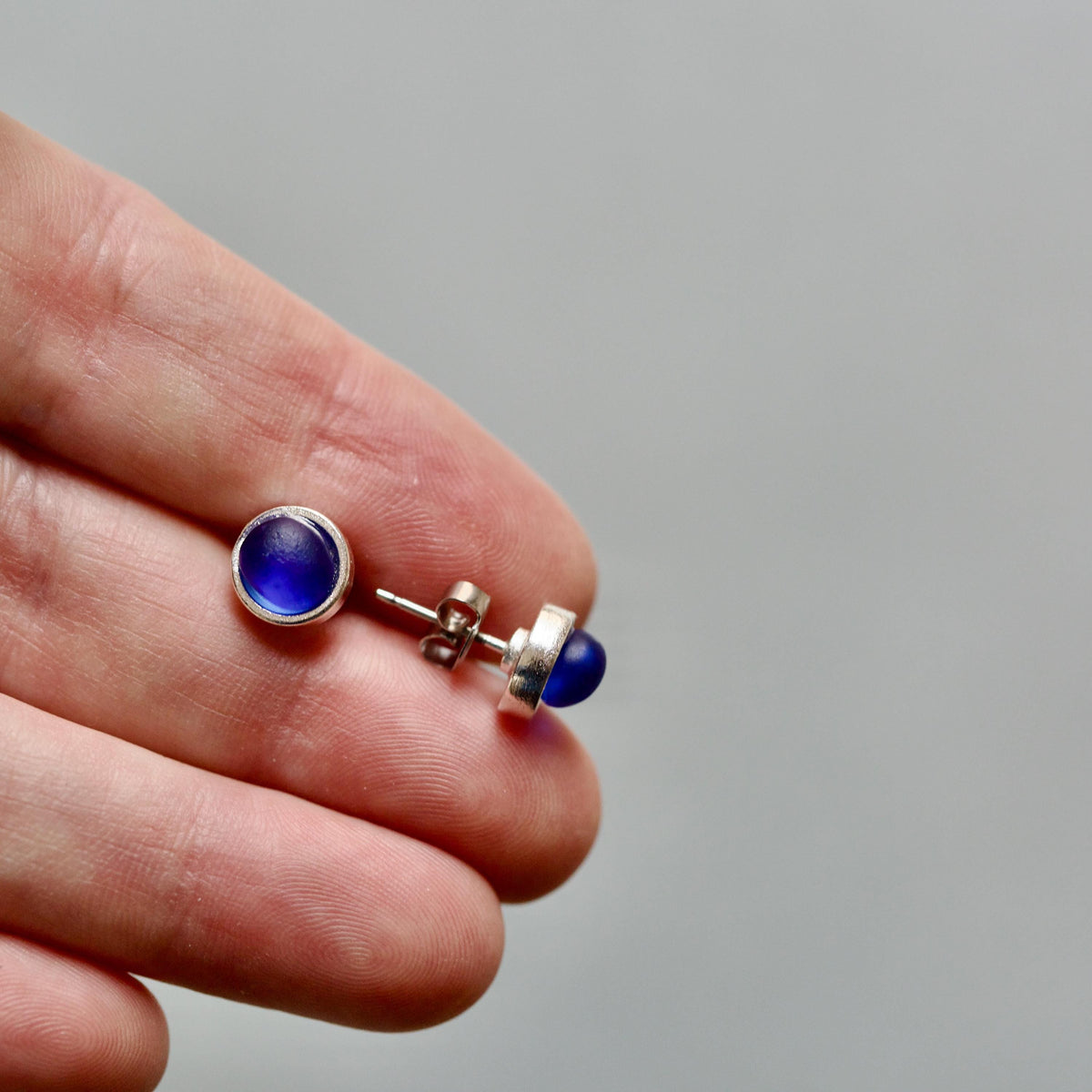 Sea Glass & Silver Petite Stud Earrings - Royal Blue