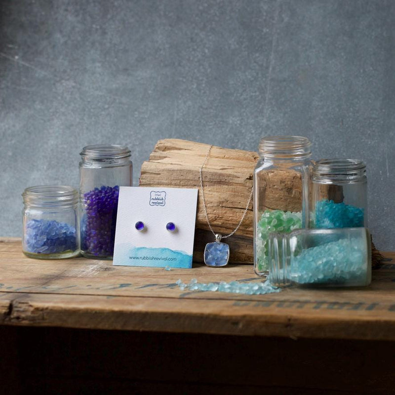 Sea Glass & Silver Petite Stud Earrings - Royal Blue