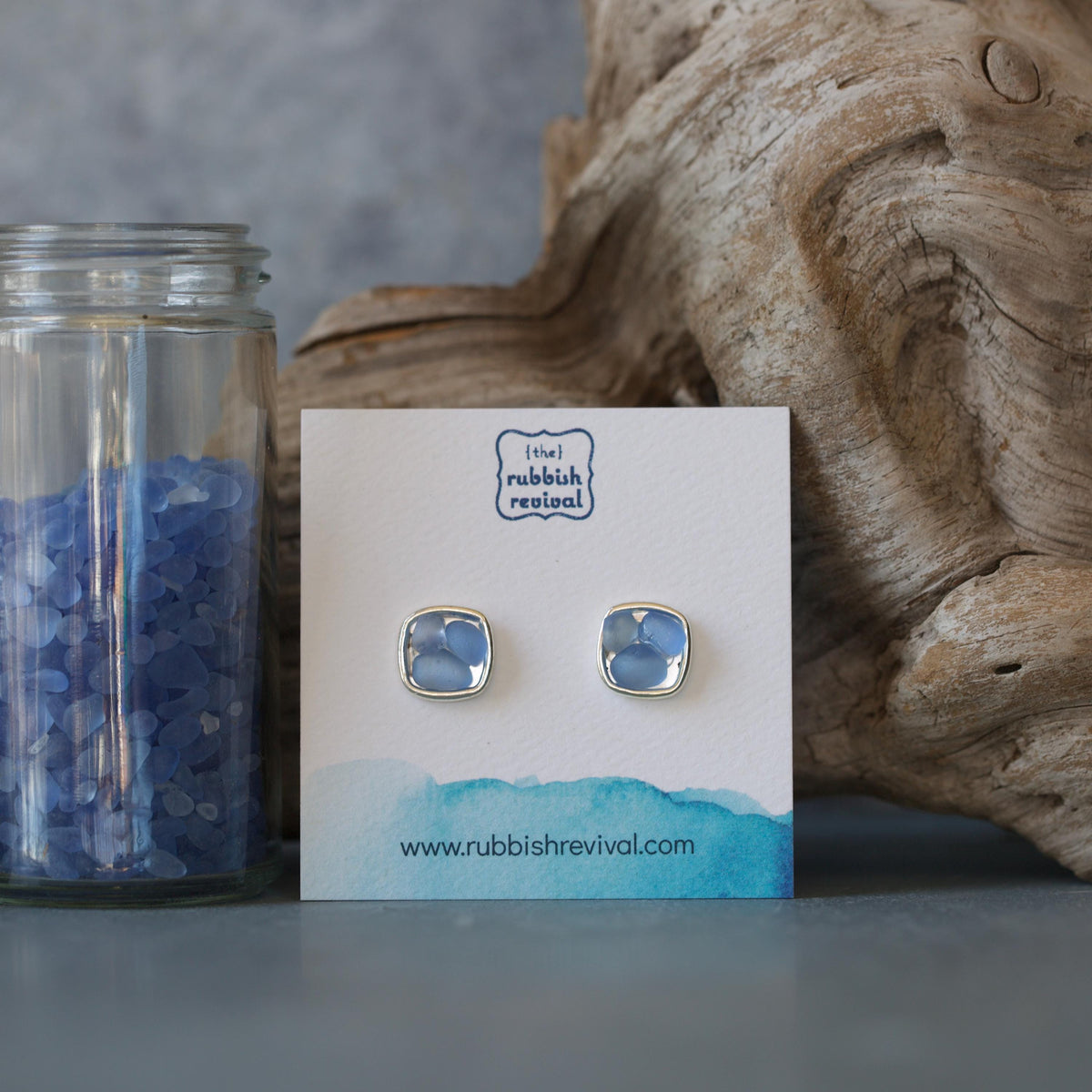 Sea Glass & Silver Mosaic Post Earrings - Twilight