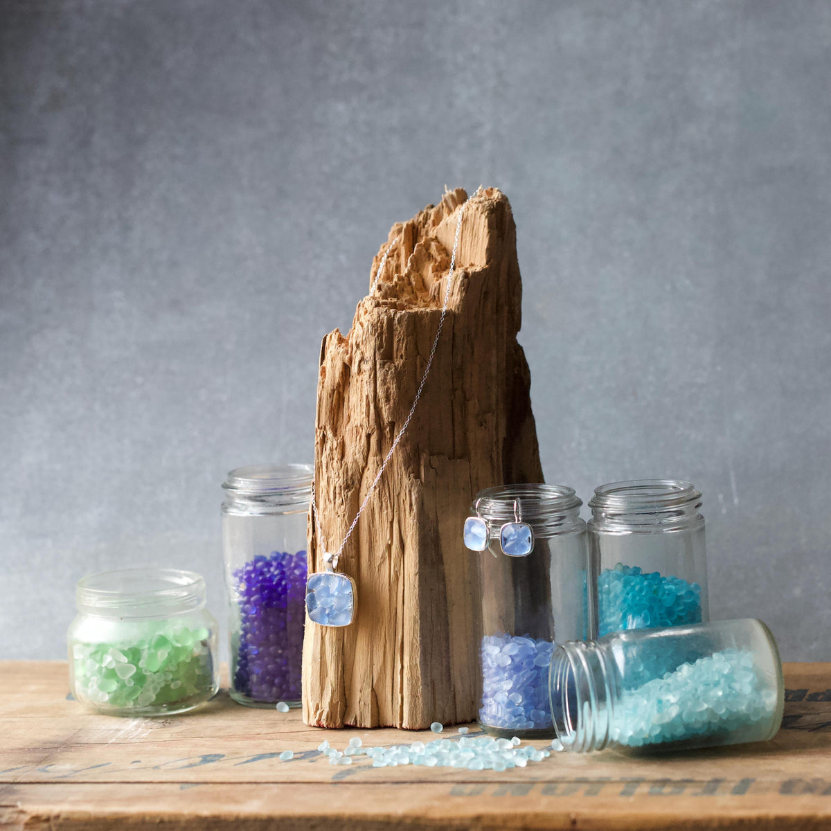 Sea Glass & Silver Mosaic Post Earrings - Seafoam