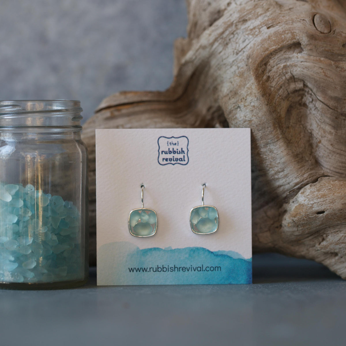 Sea Glass & Silver Mosaic Drop Earrings - Seafoam