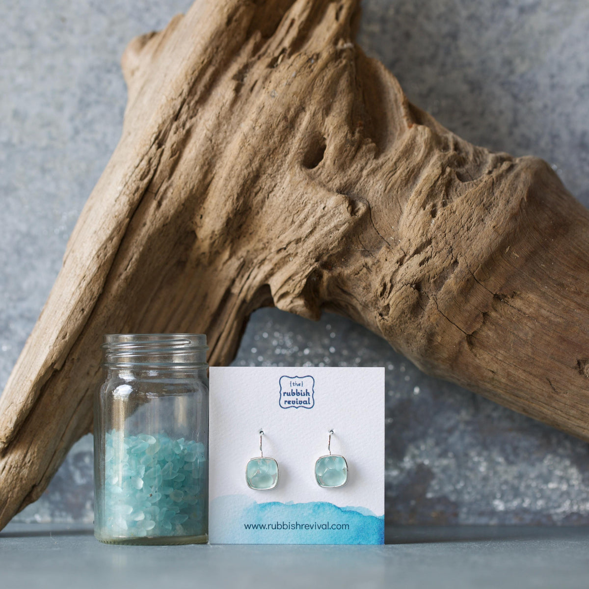 Sea Glass & Silver Mosaic Drop Earrings - Seafoam