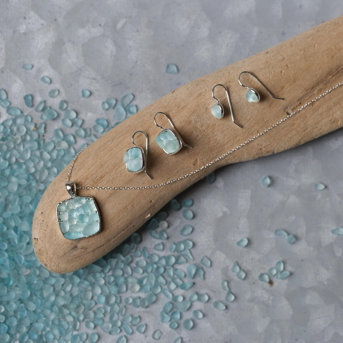 Sea Glass & Silver Mosaic Drop Earrings - Seafoam