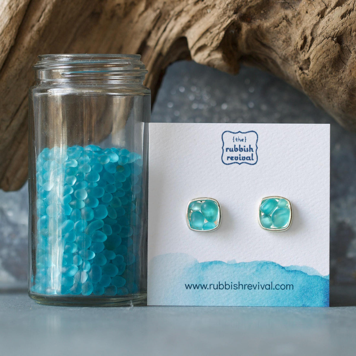 Sea Glass & Silver Mosaic Post Earrings - Aqua