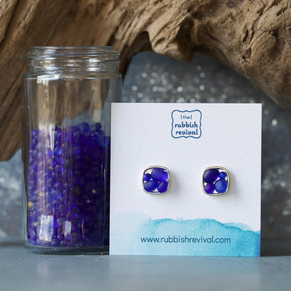 Sea Glass & Silver Mosaic Post Earrings - Royal Blue