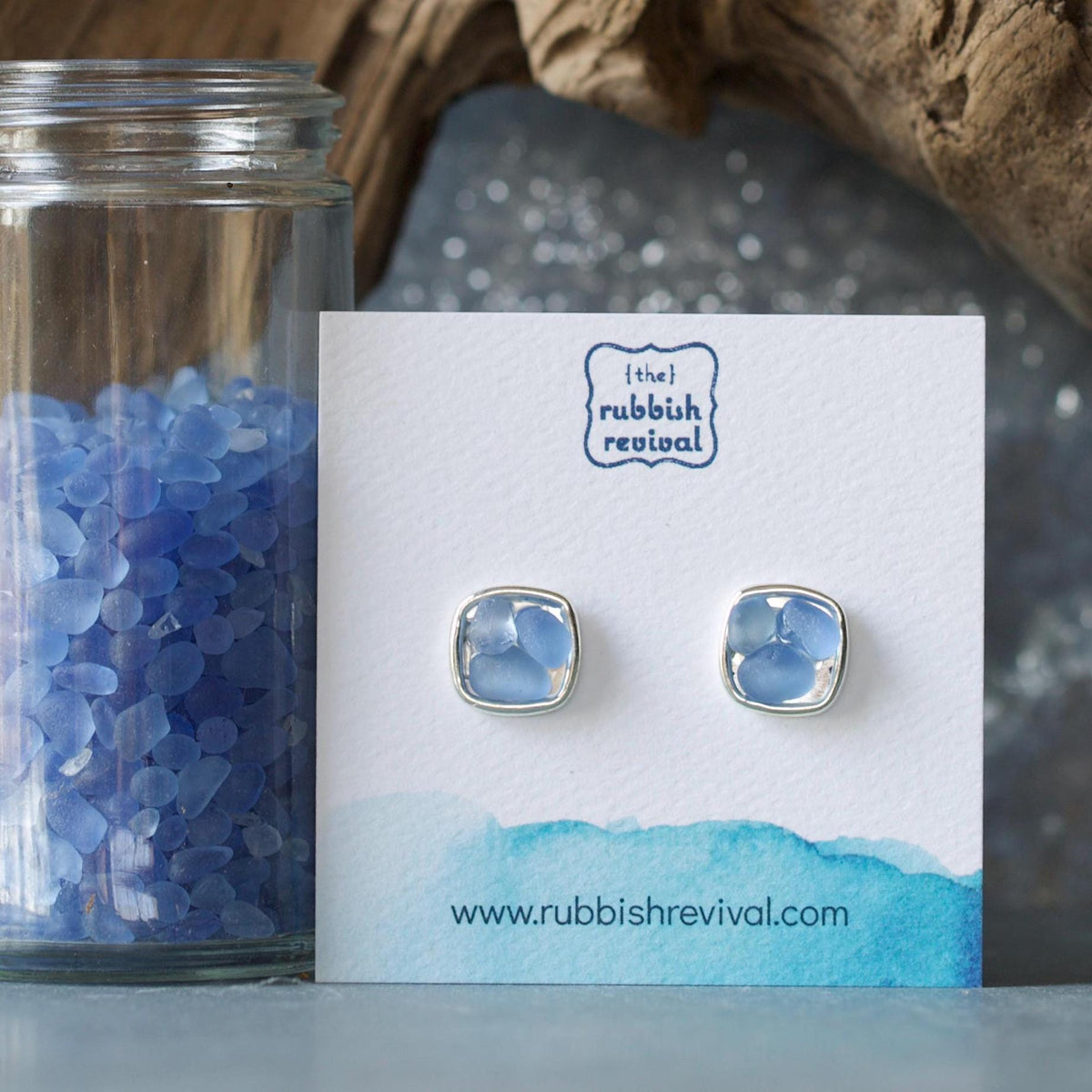 Sea Glass & Silver Mosaic Post Earrings - Twilight