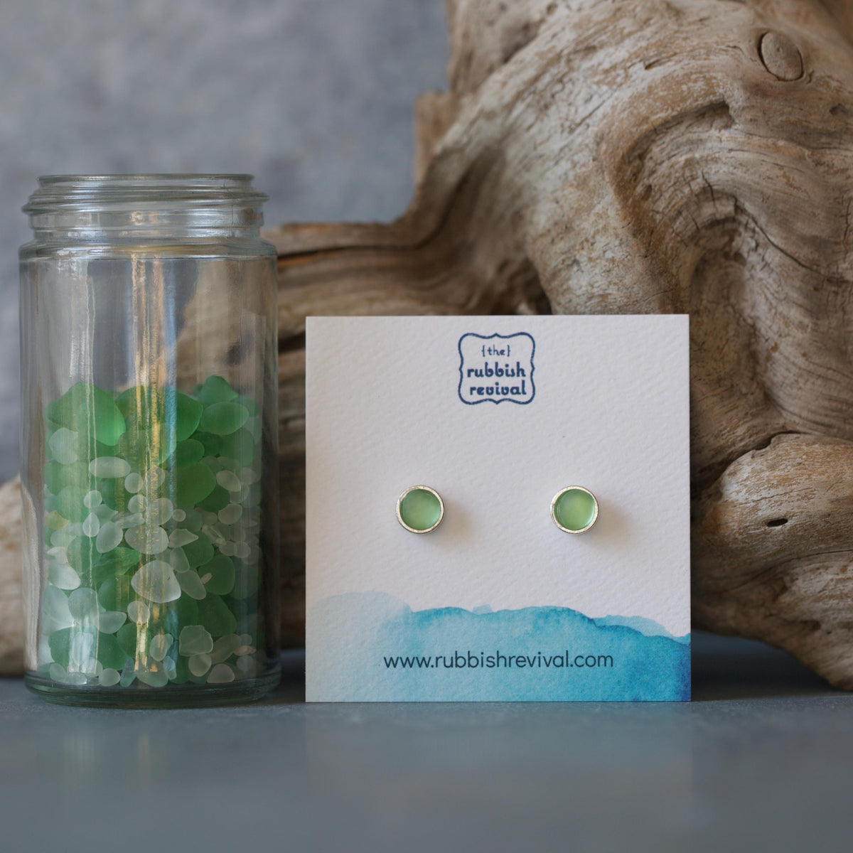 Sea Glass & Silver Petite Stud Earrings - Green