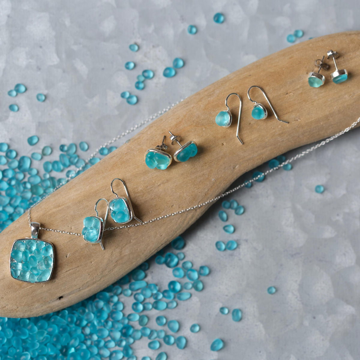 Sea Glass & Silver Mosaic Post Earrings - Aqua