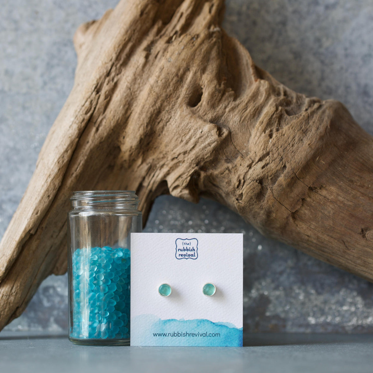 Sea Glass & Silver Petite Stud Earrings - Aqua