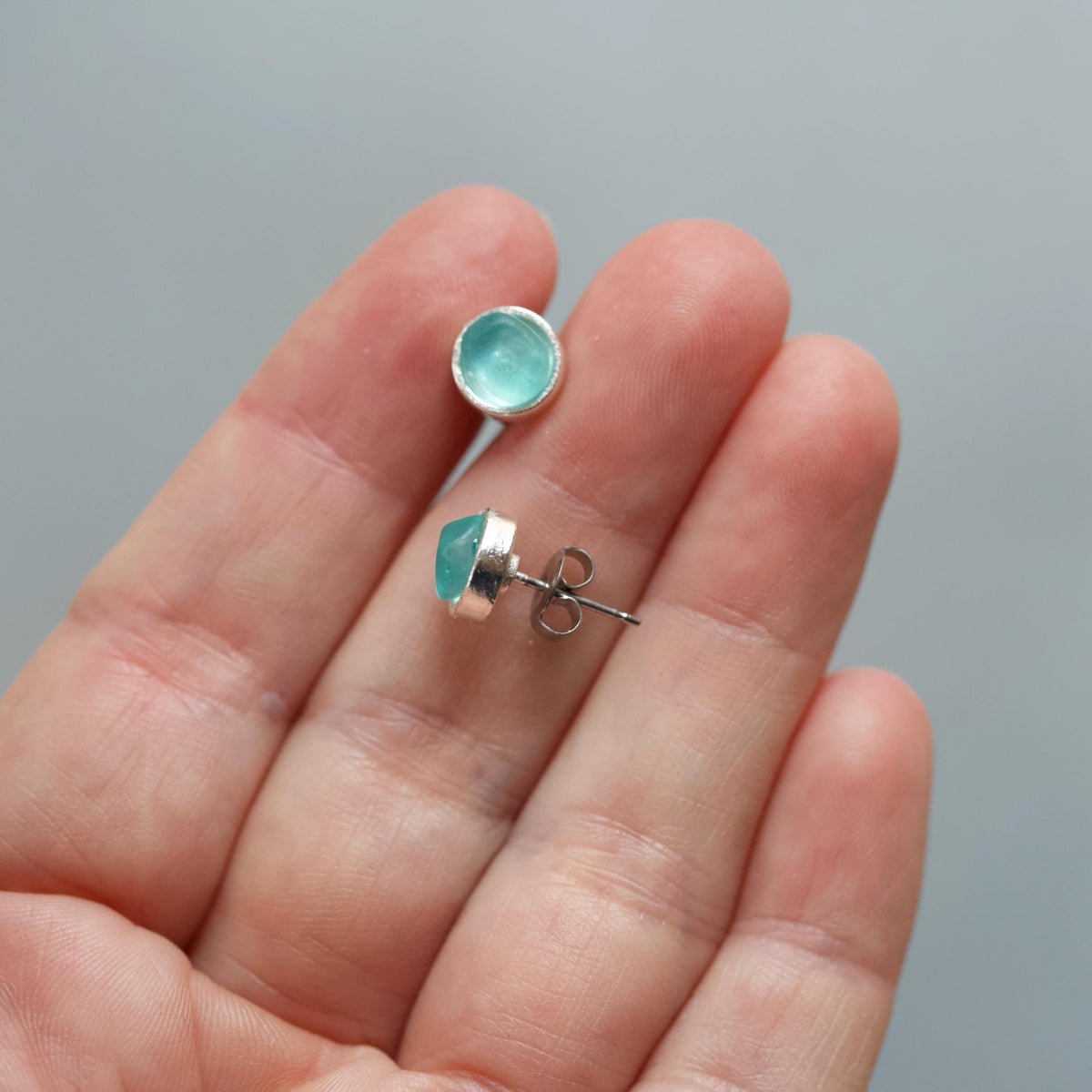 Sea Glass & Silver Petite Stud Earrings - Aqua