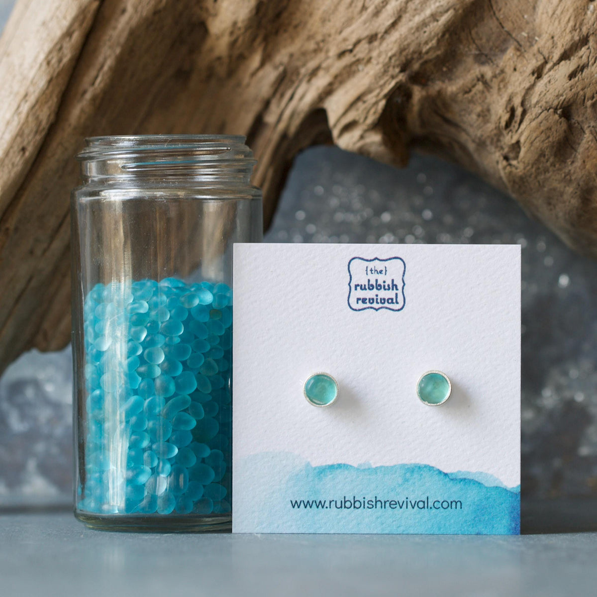 Sea Glass & Silver Petite Stud Earrings - Aqua