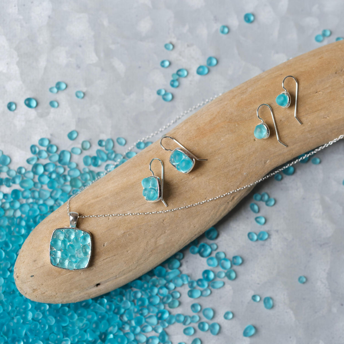 Sea Glass & Silver Mosaic Drop Earrings - Aqua