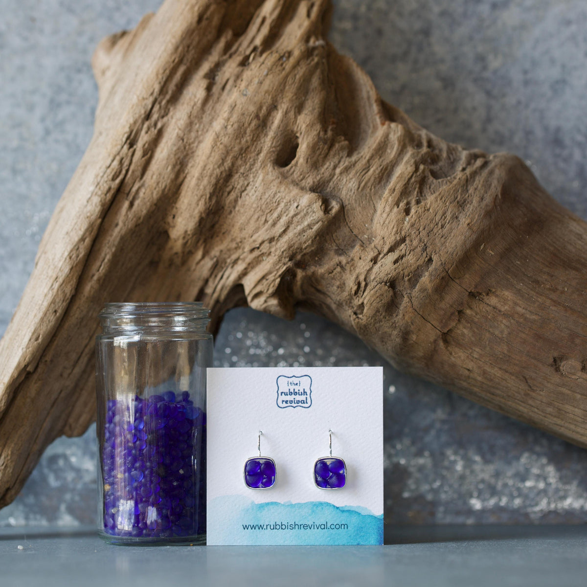 Sea Glass & Silver Mosaic Drop Earrings - Royal Blue