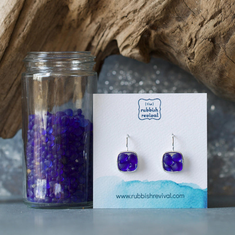 Sea Glass & Silver Mosaic Drop Earrings - Royal Blue
