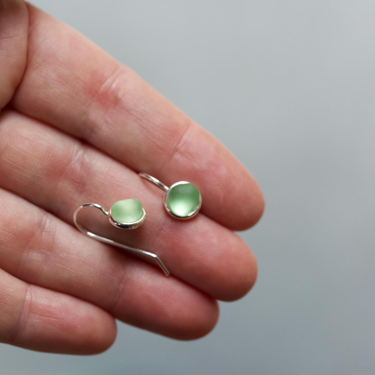 Sea Glass & Silver Petite Drop Earrings - Green