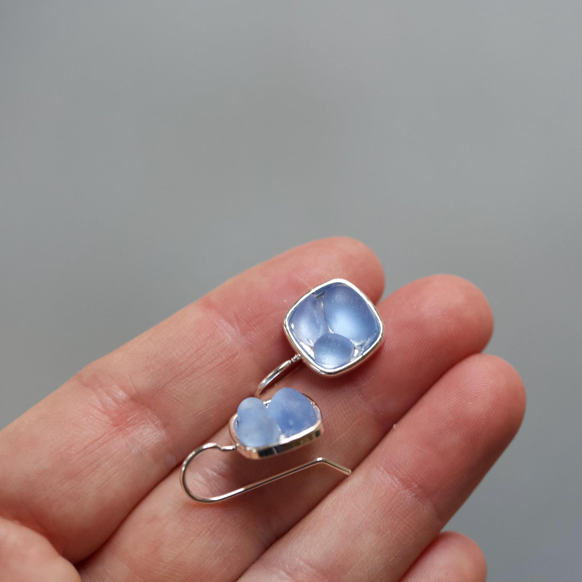 Sea Glass & Silver Mosaic Drop Earrings - Twilight