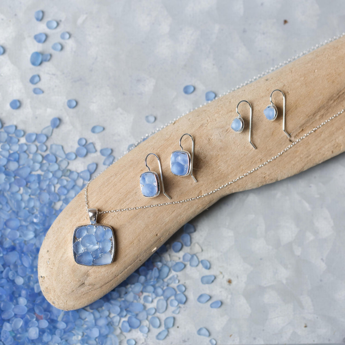 Sea Glass & Silver Mosaic Drop Earrings - Twilight