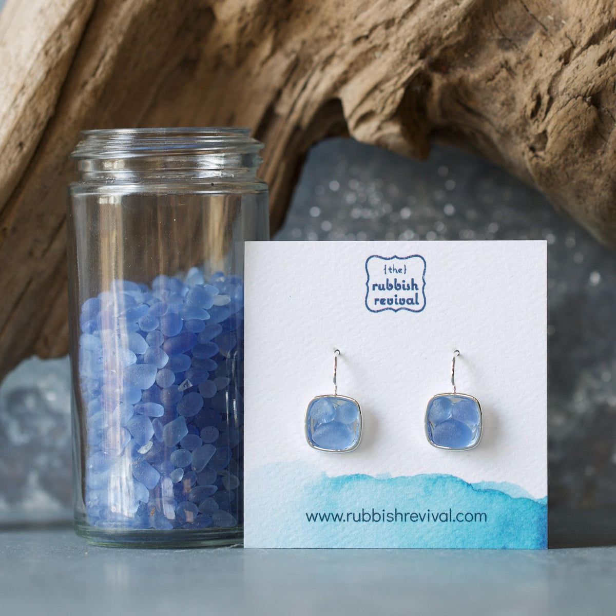 Sea Glass & Silver Mosaic Drop Earrings - Twilight