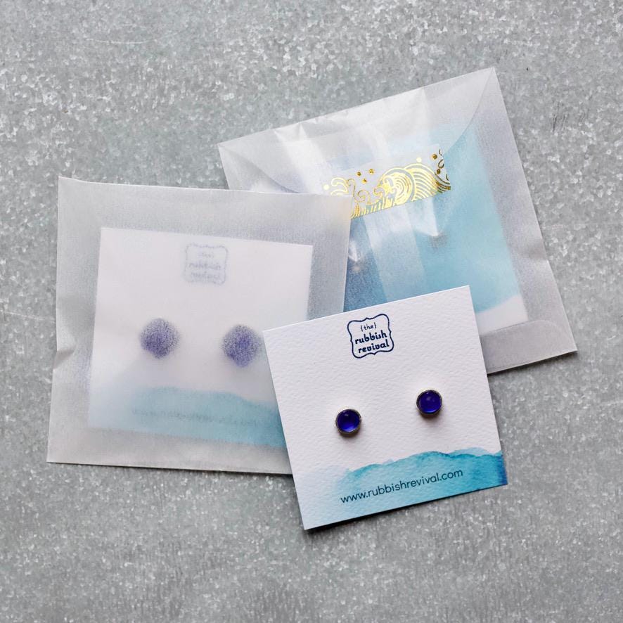Sea Glass & Silver Petite Stud Earrings - Royal Blue