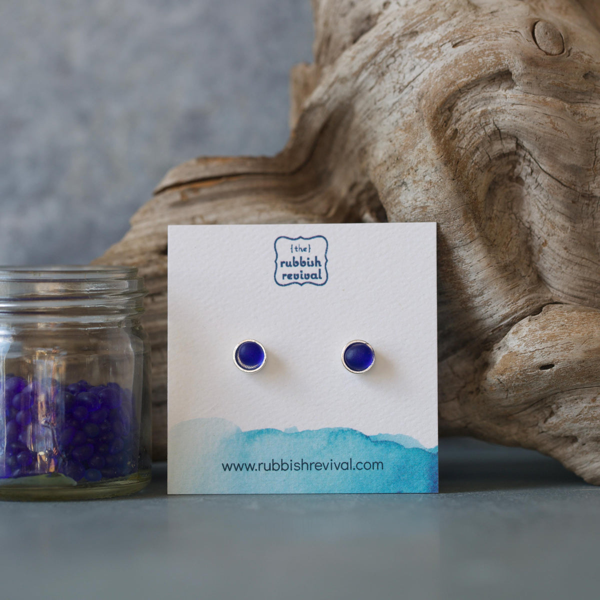 Sea Glass & Silver Petite Stud Earrings - Royal Blue